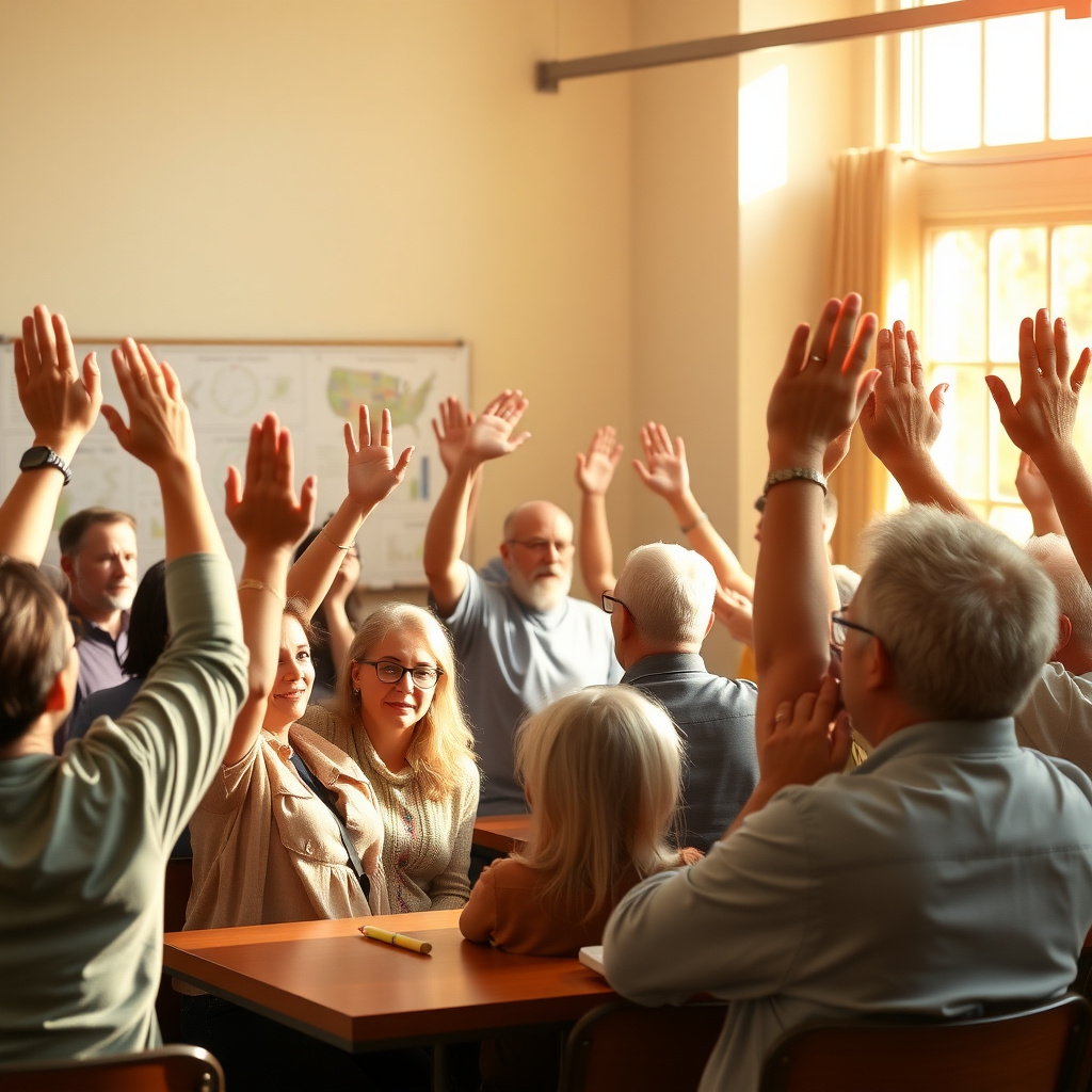 Diverse community group discussing policy change in a town hall meeting