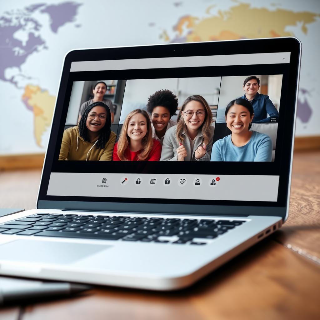 Laptop screen displaying a virtual meeting with diverse volunteers discussing advocacy, set against a world map.