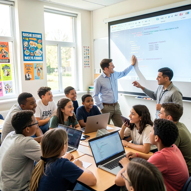 Tech professional leading a coding workshop for excited students