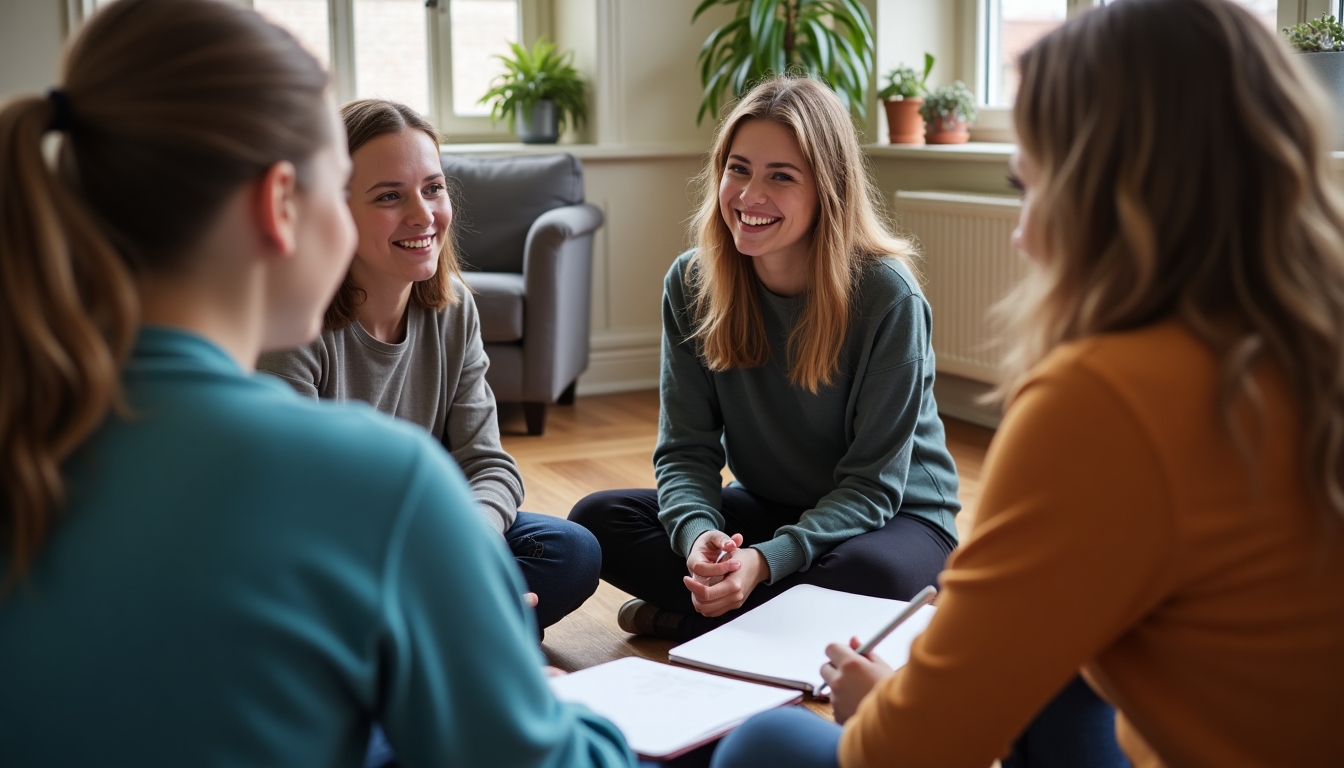 A group of students reflects on their volunteering experience, gathered in a circle for a discussion.