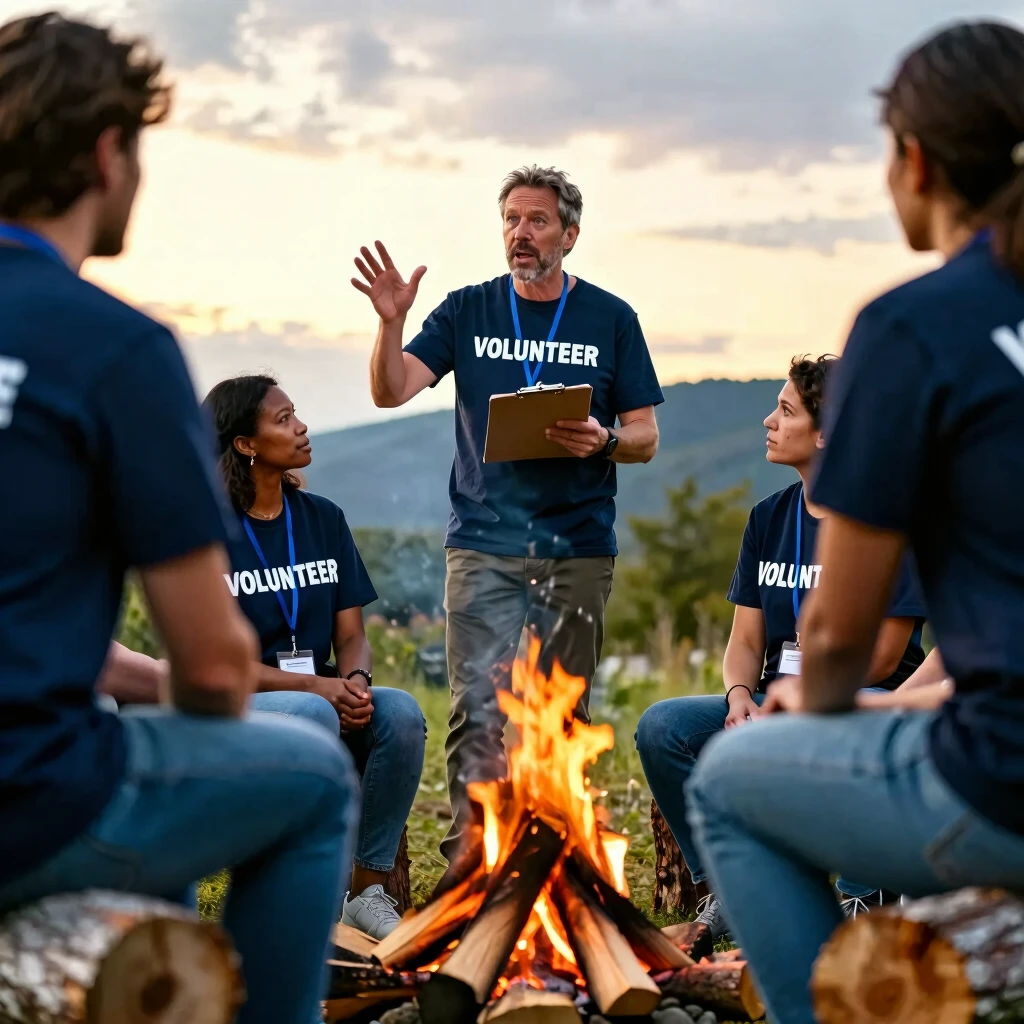 Volunteer leader facilitating a team discussion by campfire