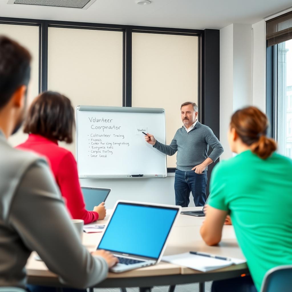 A volunteer coordinator leads a training session in a modern classroom with attentive volunteers.