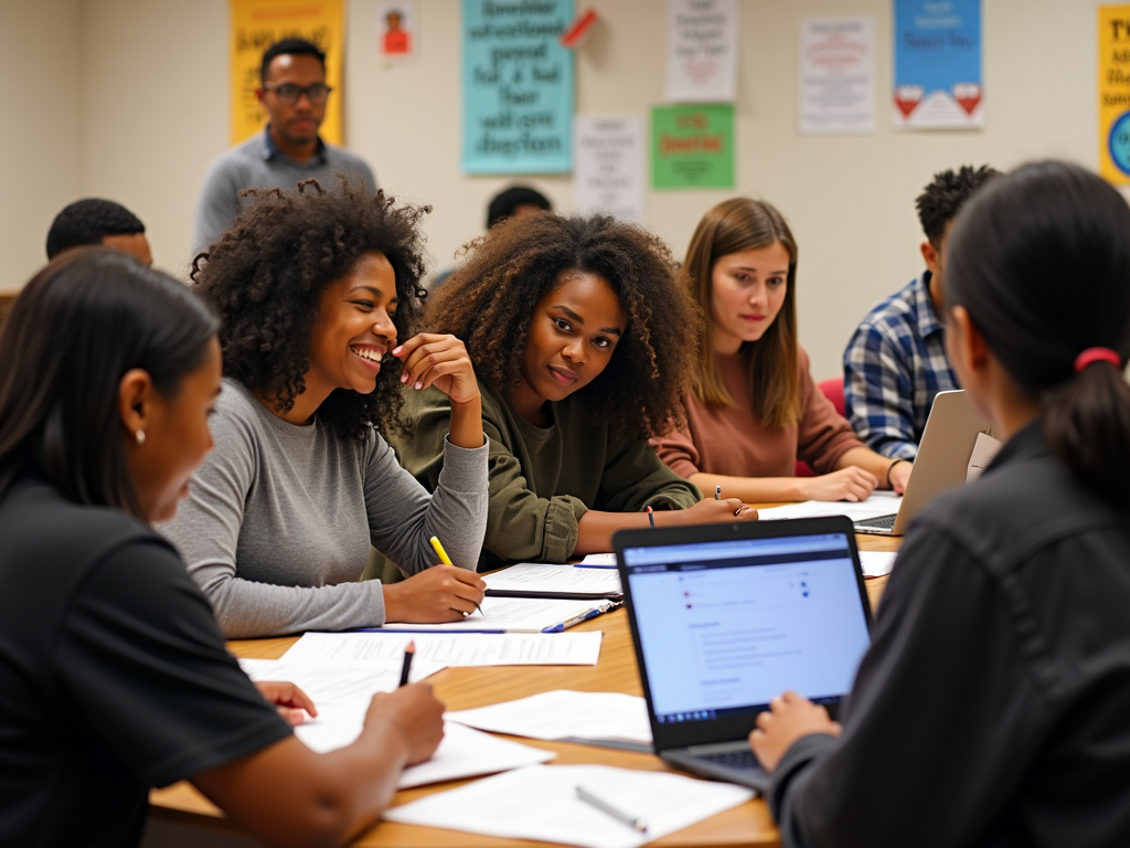 A diverse group of advocates brainstorming together in a community center.