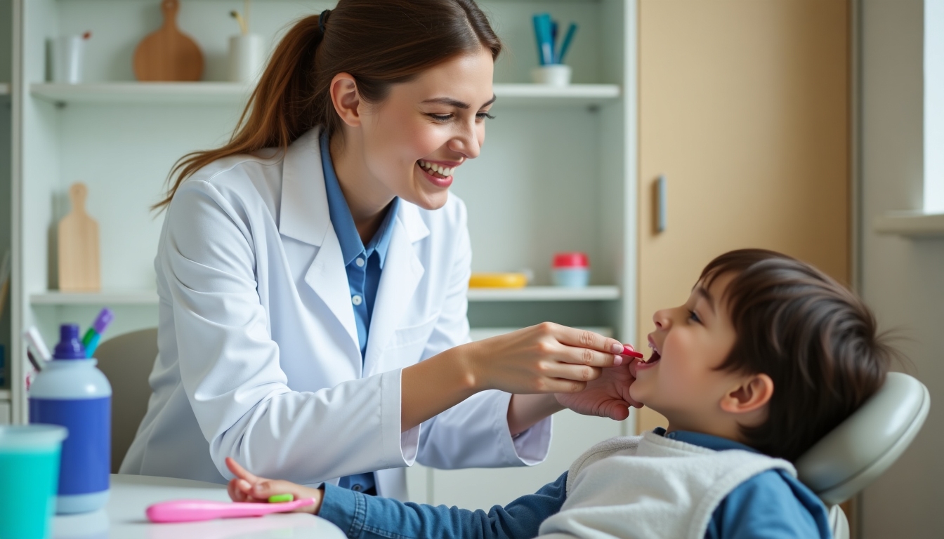 Volunteer teaching dental care to a child