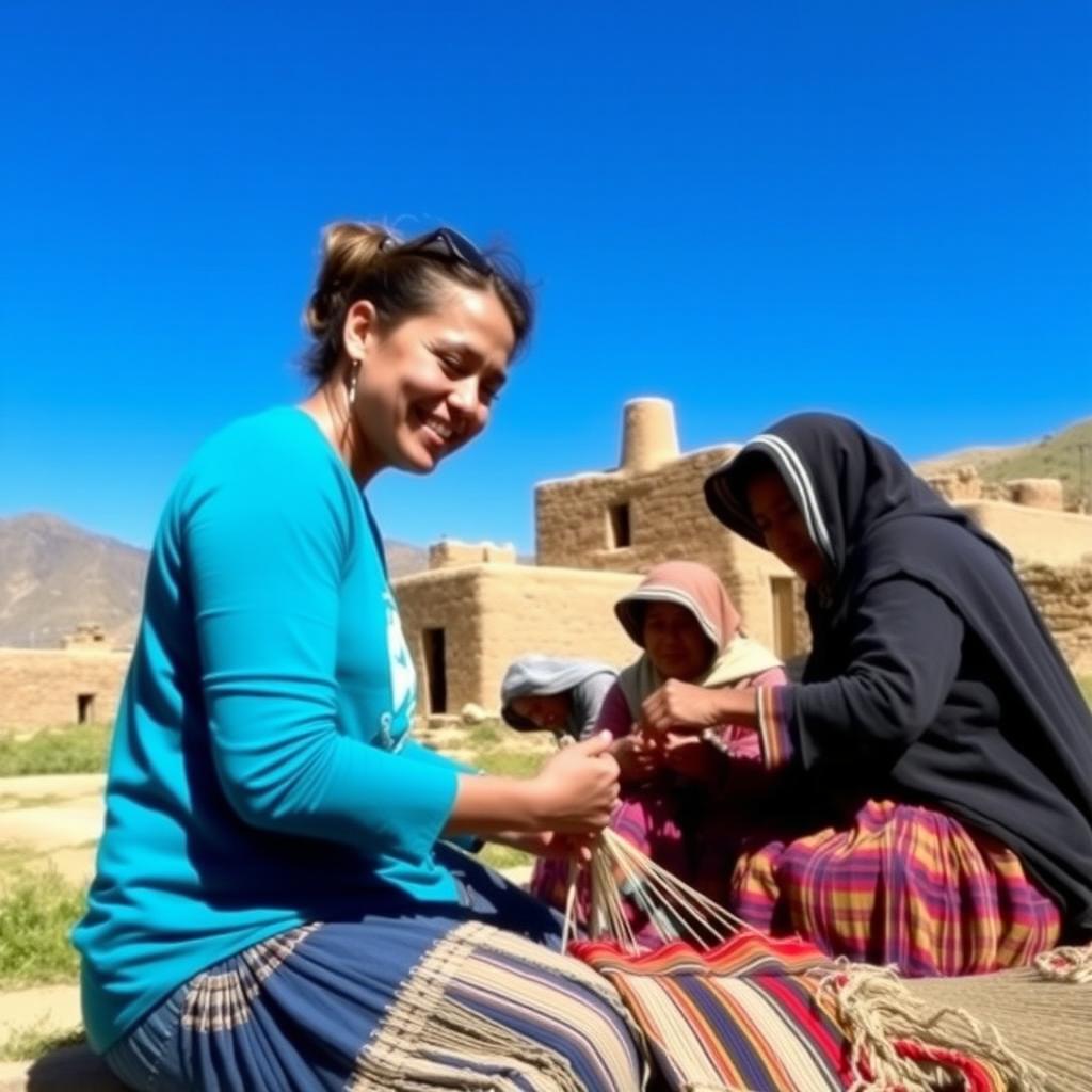 Volunteer weaving textiles with locals in a Peruvian village with Andean mountains.