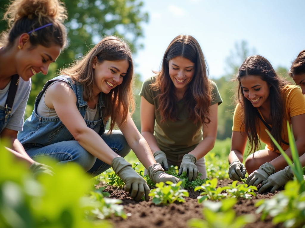 Volunteers planting in a community garden