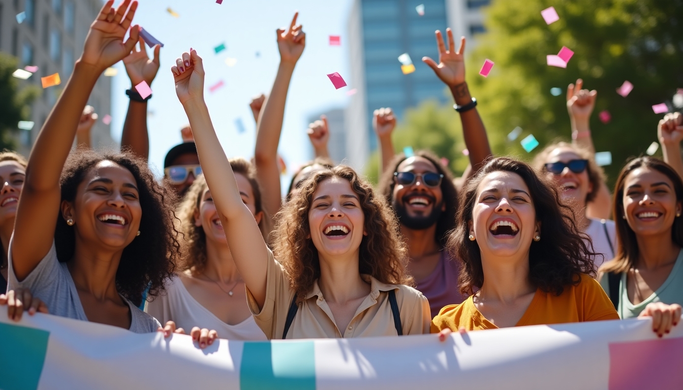 A diverse advocacy group celebrating a successful campaign.
