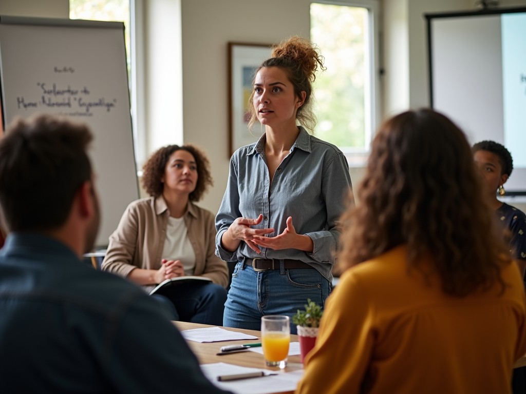 A volunteer leading a mental health awareness workshop.