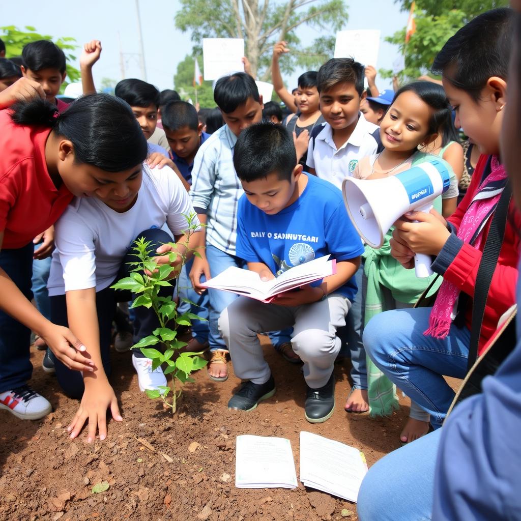 Volunteers planting trees, tutoring, and advocating in action.