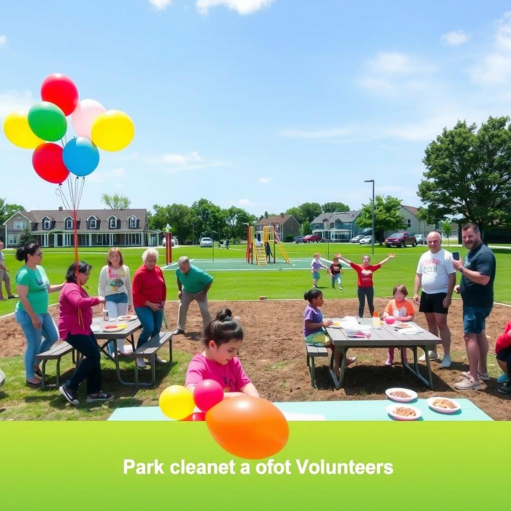Families and volunteers celebrating at a picnic in a cleaned park.