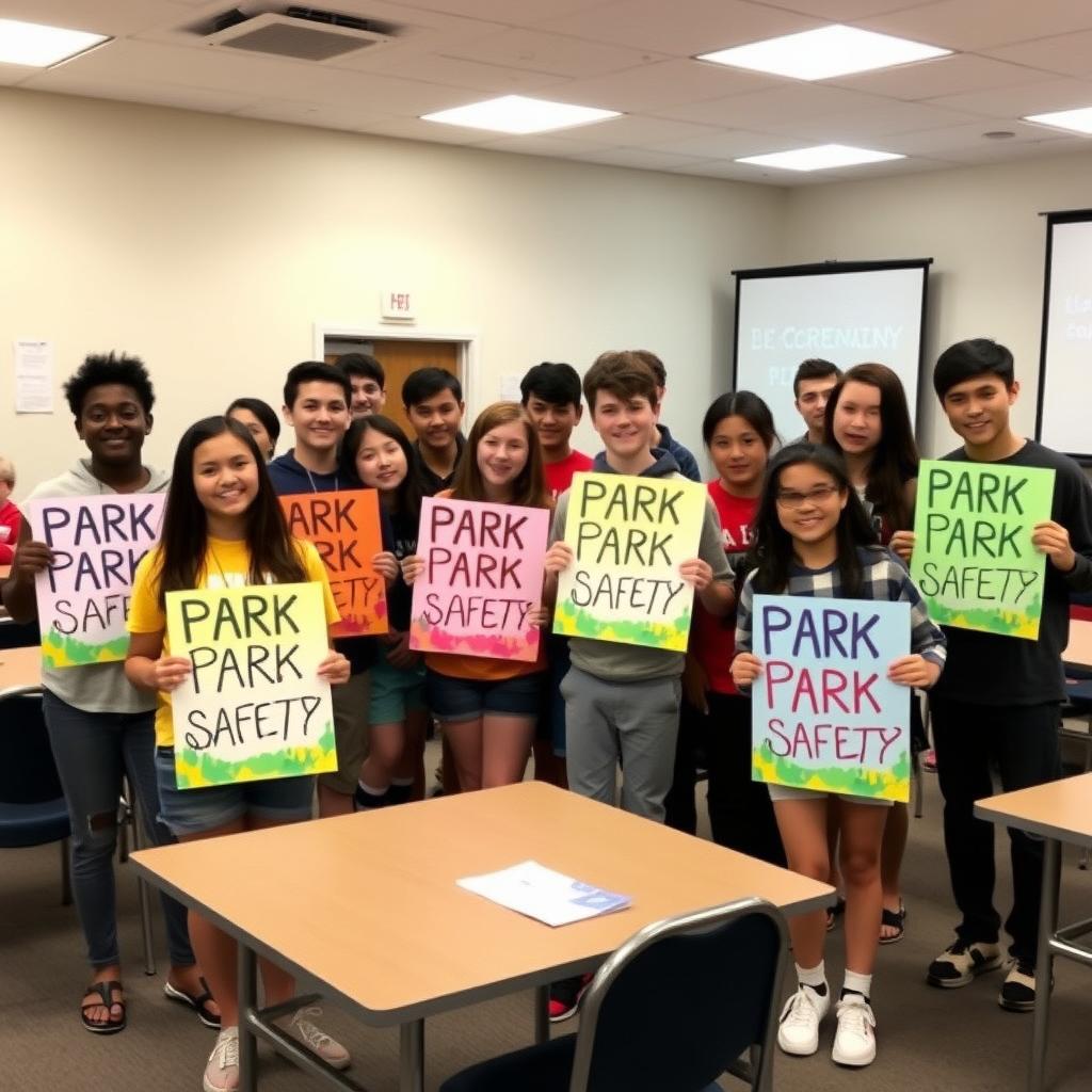 Teens holding posters at a community meeting, advocating for park safety in a bright community center.