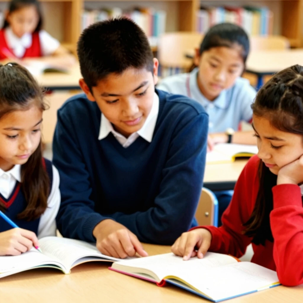 Students tutoring children in a community library
