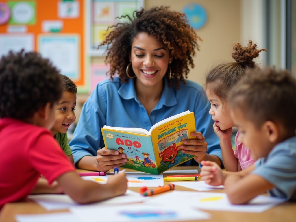 Volunteer reading to children in a cozy setting