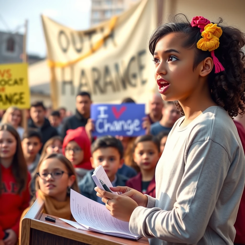 Teenage girl delivering a passionate speech at a youth advocacy rally