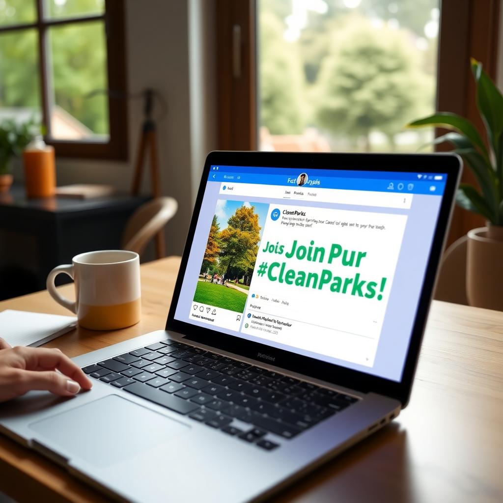 A laptop screen displaying a social media post for a park clean-up campaign.