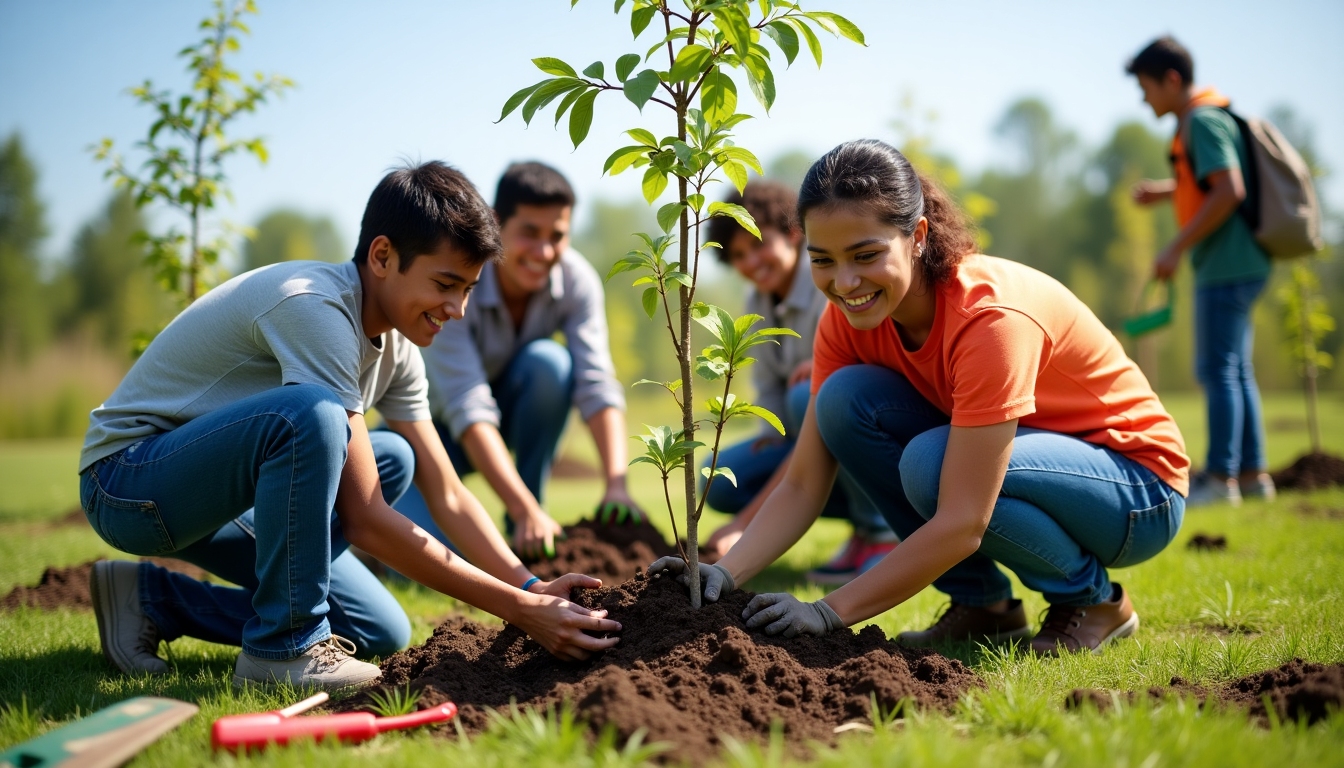 Volunteers working together outdoors, planting trees in a green community space.
