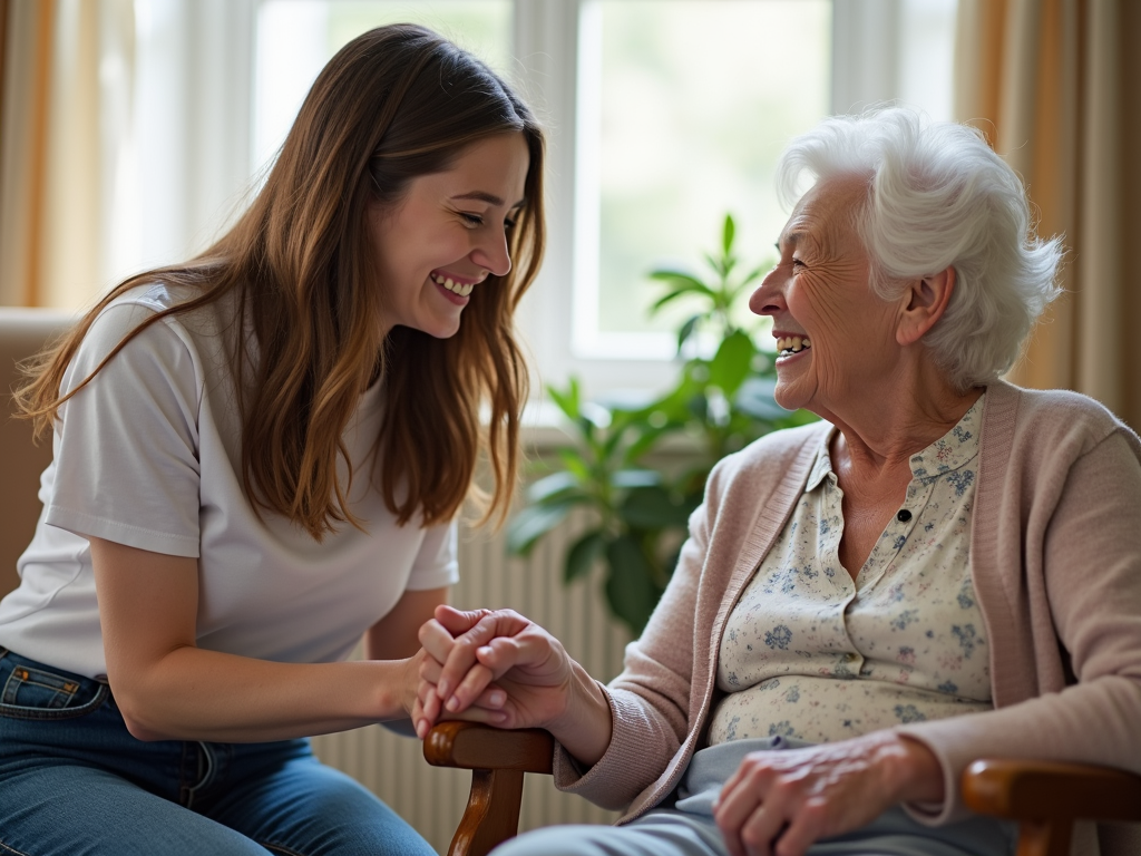 Student connecting with an elderly resident during a service learning visit to a nursing home.
