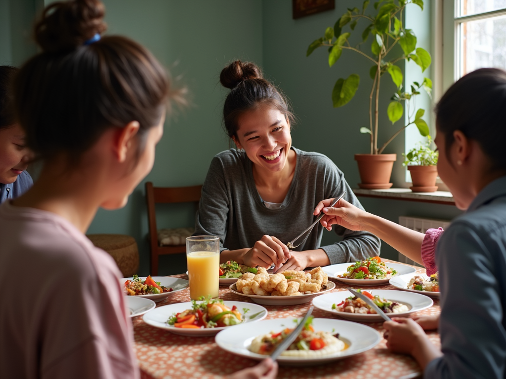 Volunteer sharing a meal with host family during cultural exchange.