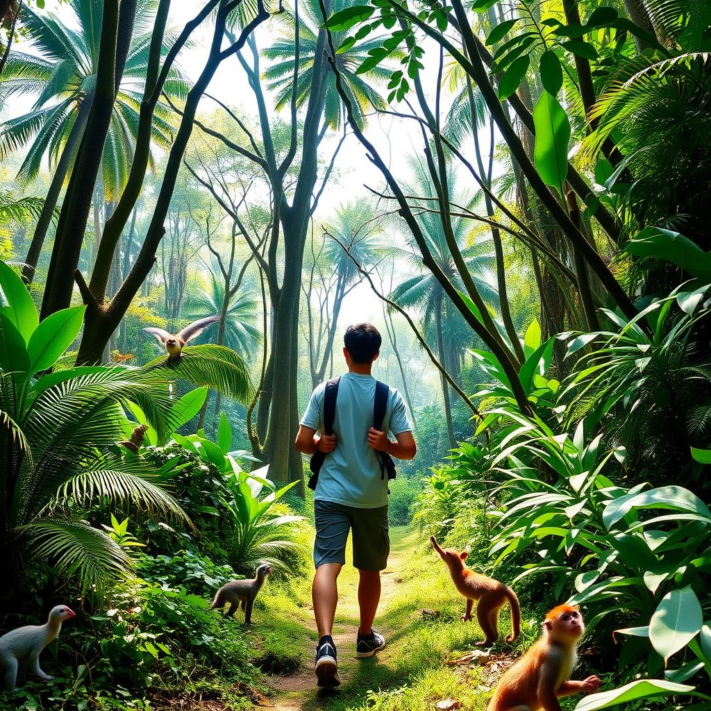 A college student treks through an Asian jungle during a wildlife conservation project, surrounded by birds, monkeys, and tall trees.