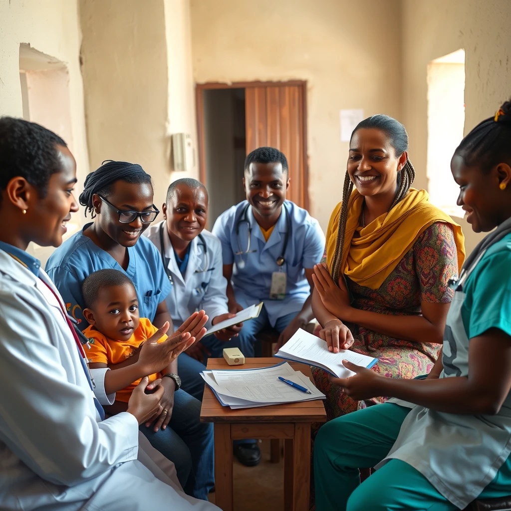 Diverse healthcare volunteers providing care in a rural African clinic