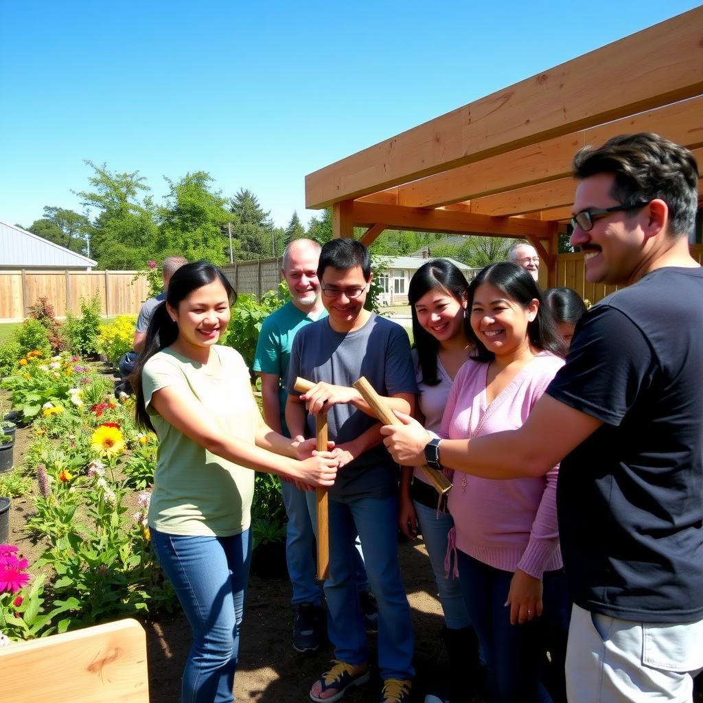 Volunteers collaborate to build a structure in a sunny community garden surrounded by flowers and vegetables.