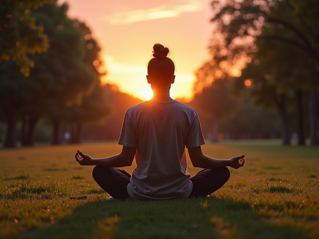 A volunteer meditating at sunset, finding inner peace and resilience.