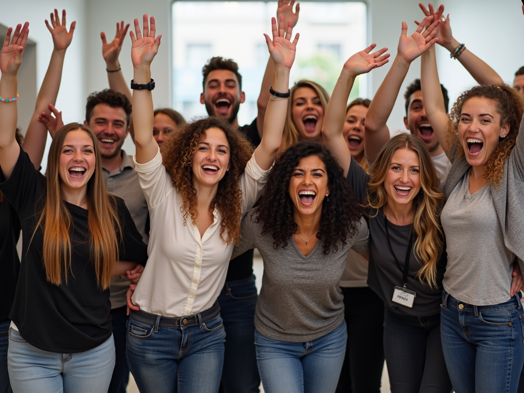 A group of empowered volunteers celebrating after completing their training, raising their fists in solidarity.