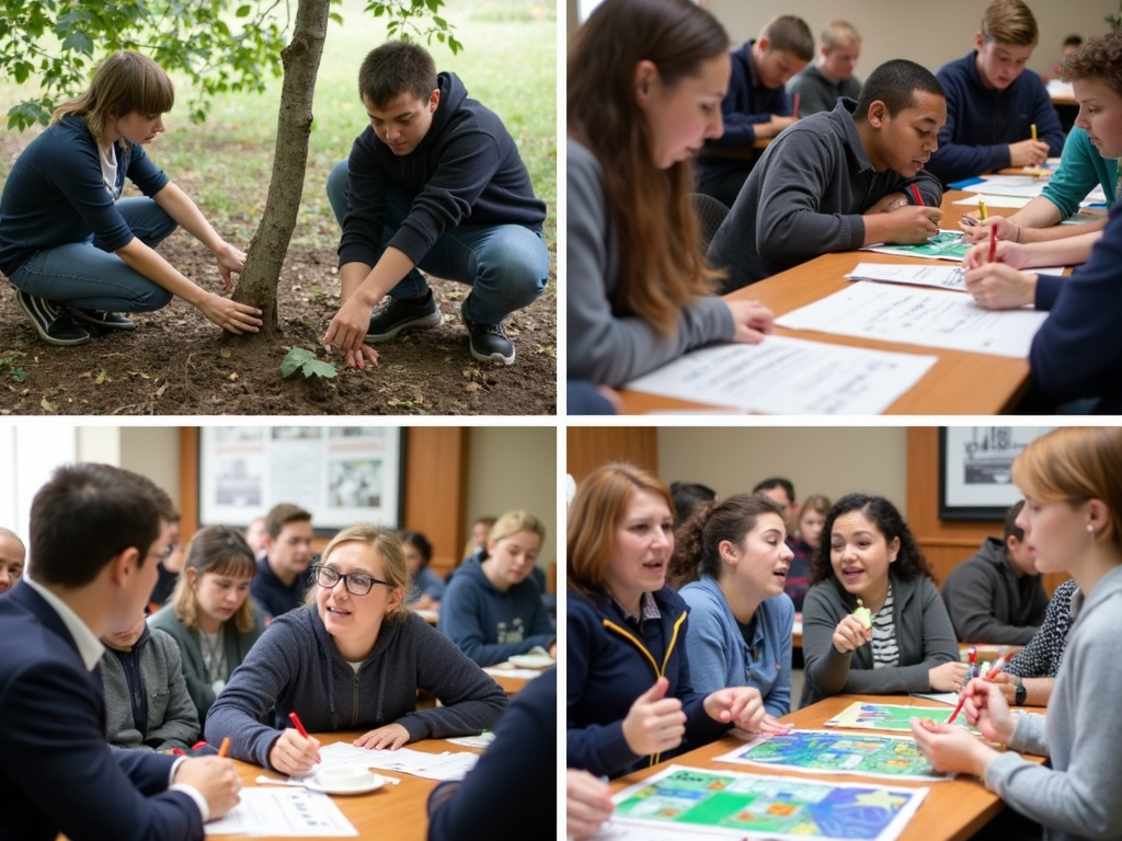 Montage of youth advocacy: tree planting, petition signing, public speaking.