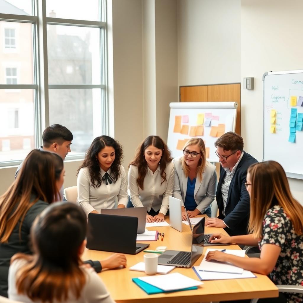 Professionals and teachers collaborate in a modern school meeting room on a community project.