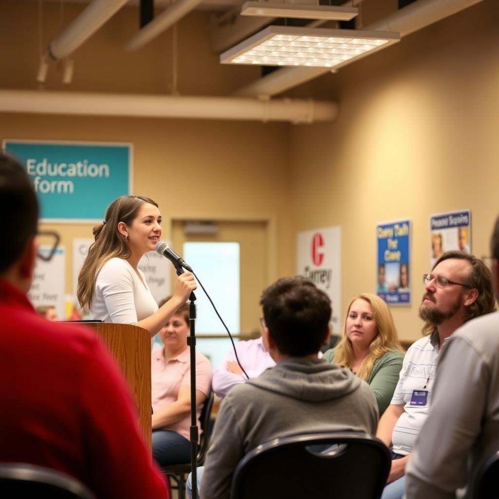 Young woman advocating for education reform at a community meeting.