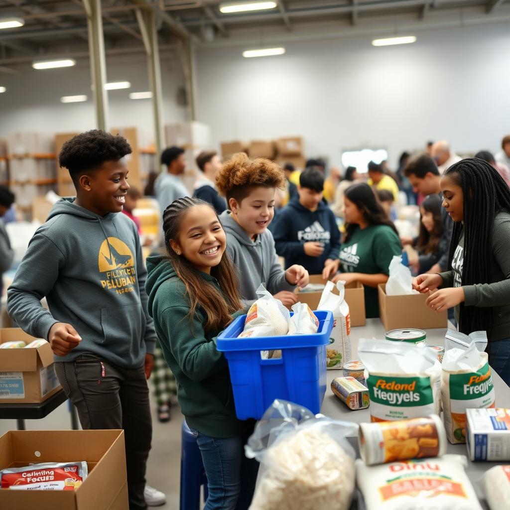 Middle school students sorting food donations at a food bank.