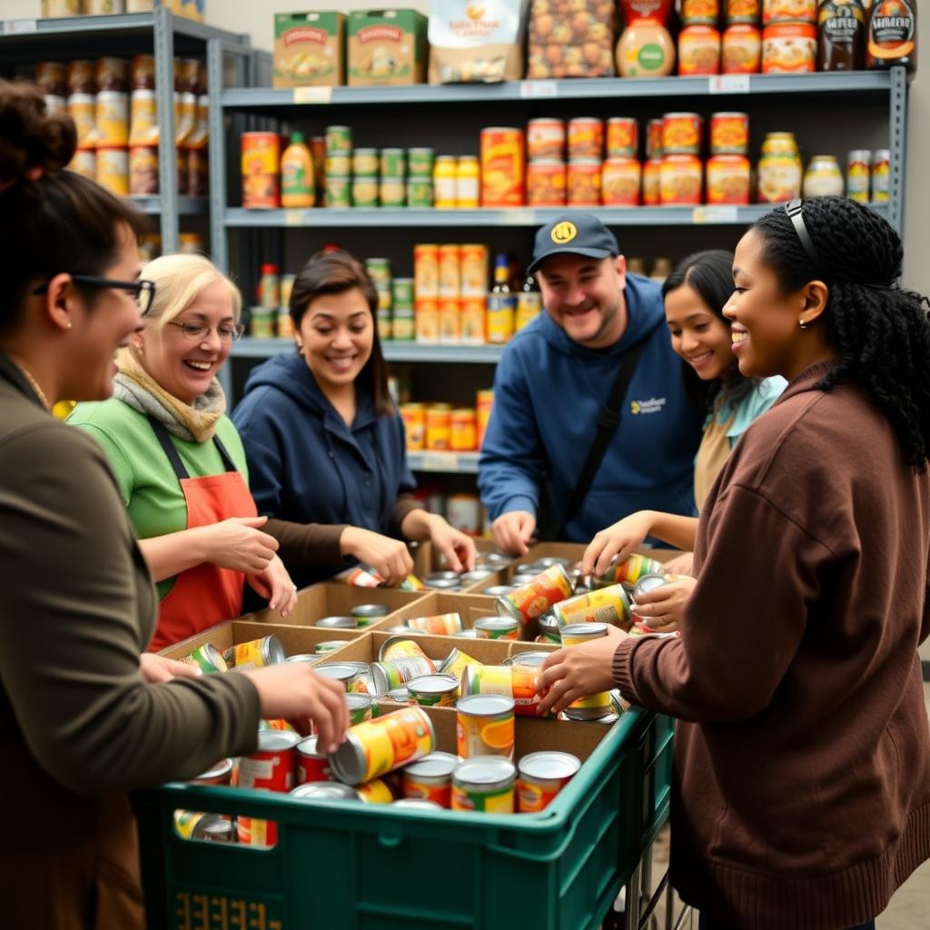 Volunteers sorting canned goods at a food bank, laughing together.