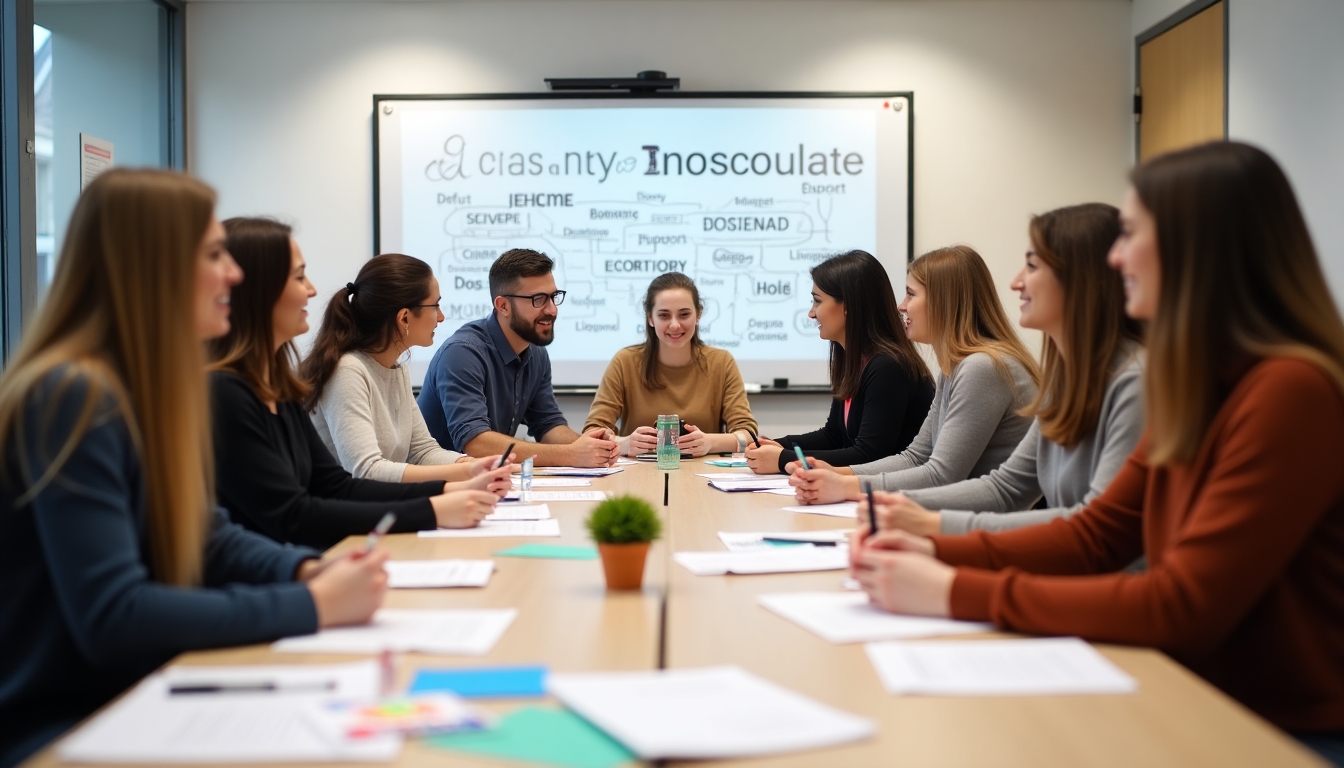 A group of volunteers engaged in a workshop setting, discussing among themselves around a table filled with notes and pamphlets.