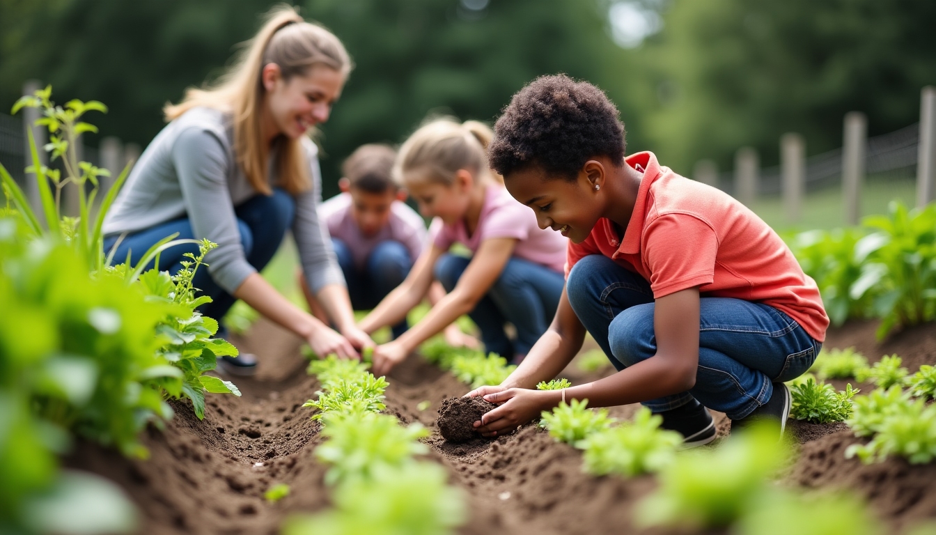 Students working on a community garden project