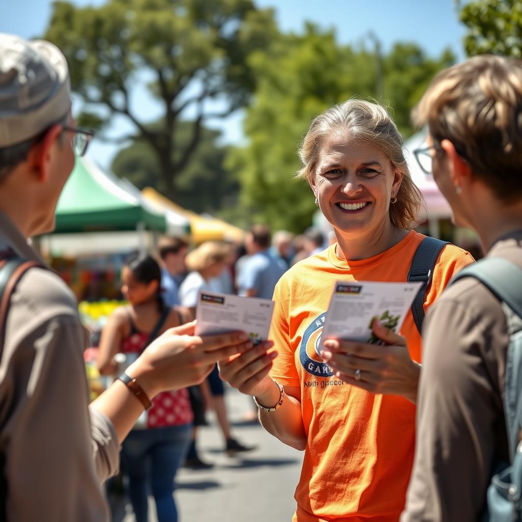 Volunteer distributing advocacy flyers at a farmers’ market.