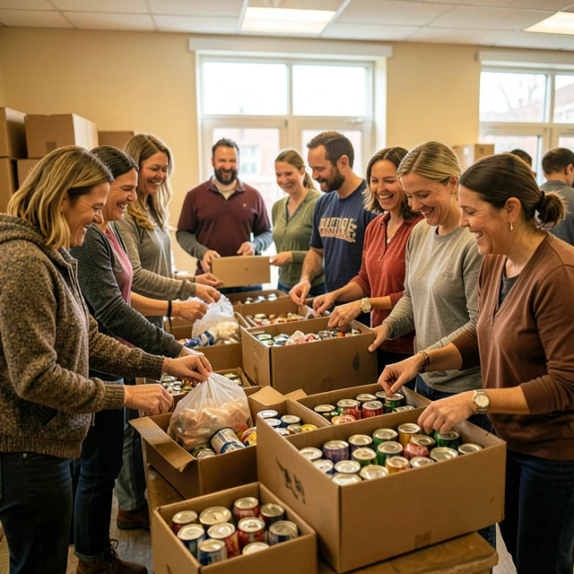 Diverse volunteers sorting food donations at a local food bank