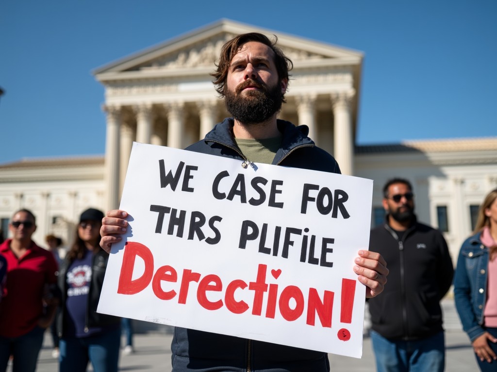 A person holding protest signs outside of a government building, actively advocating.