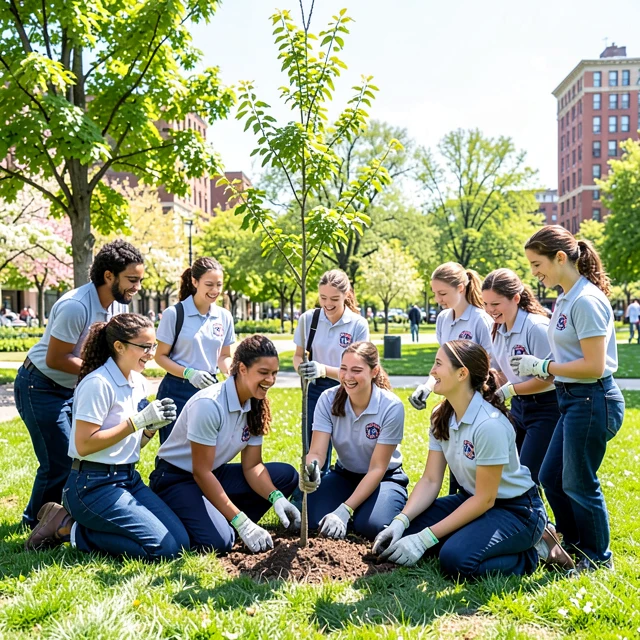 High school students participating in tree planting service learning activity