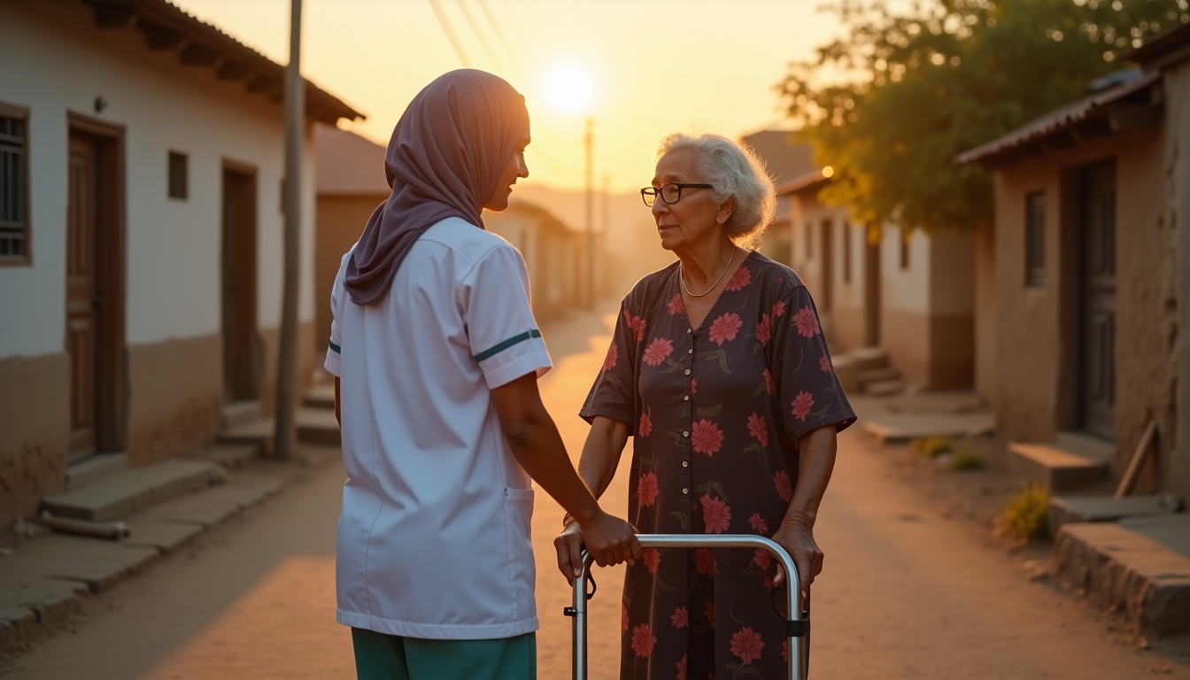 Nurse helping an elderly patient in a foreign village