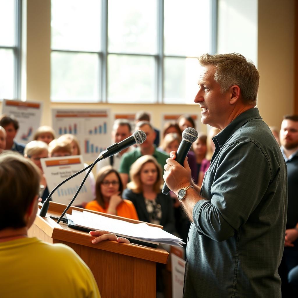 Volunteer speaking at a town hall meeting with an attentive audience.