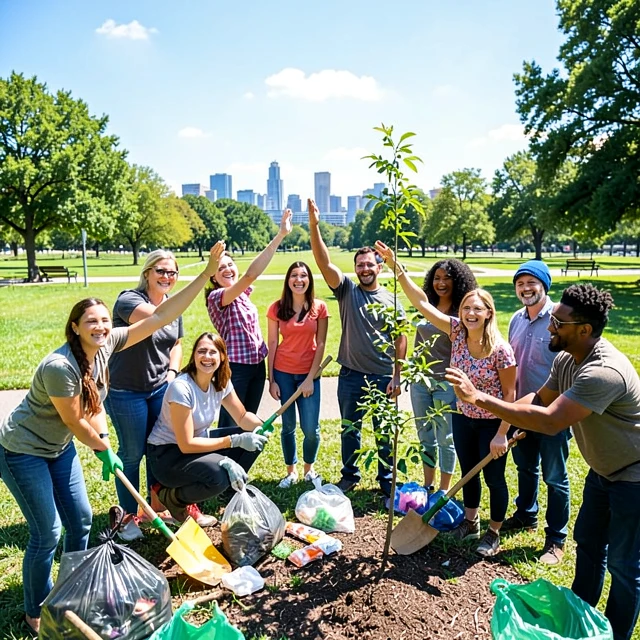 Diverse volunteers collaborating at a community cleanup event