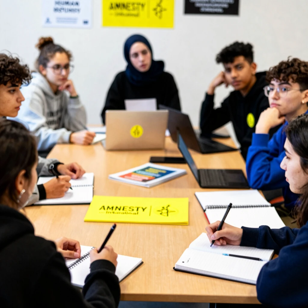Diverse young people in a human rights advocacy workshop with Amnesty materials