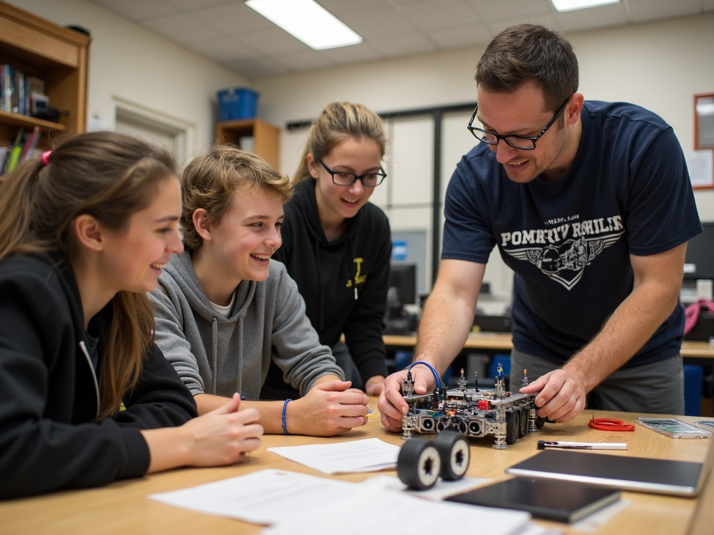 Retired engineer teaching students robotics, highlighting the importance of STEM education.