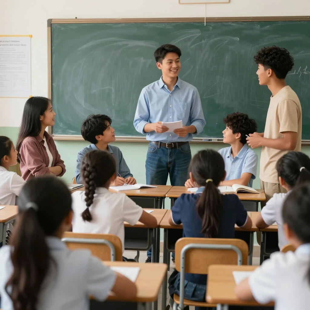 College students teaching children in an international classroom setting