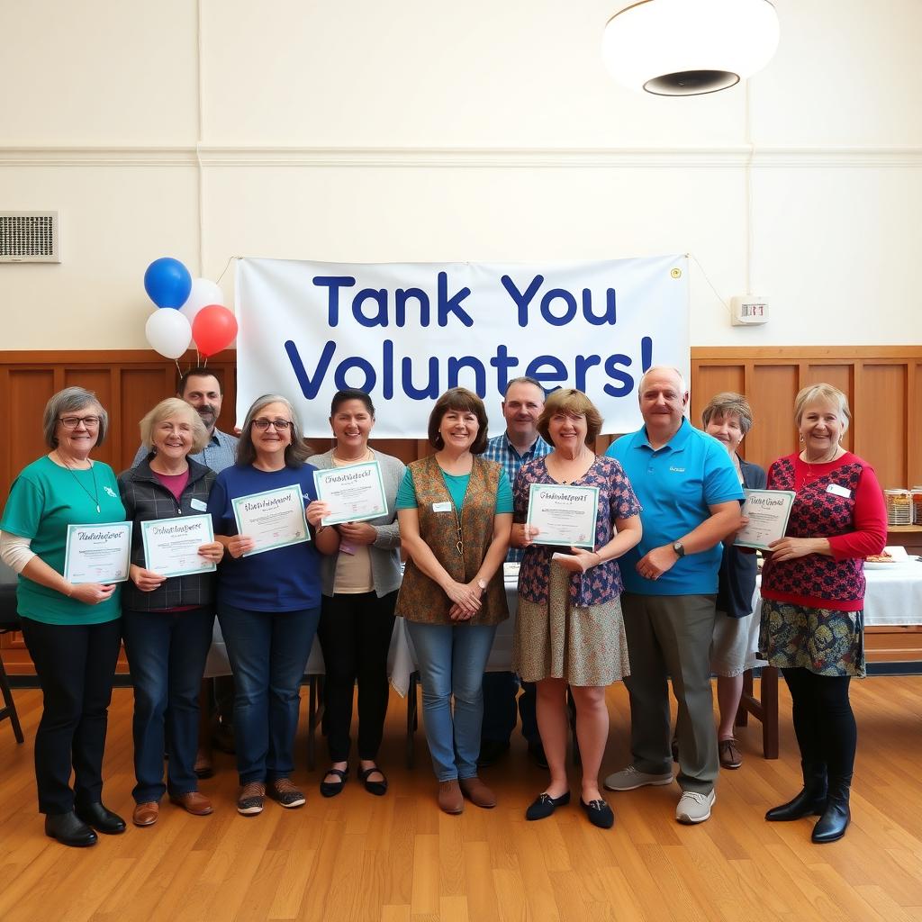 Volunteers smile at an appreciation event with certificates and a festive banner.