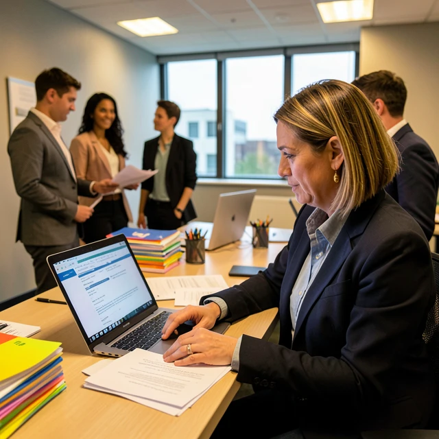 Nonprofit worker planning a project in a team office