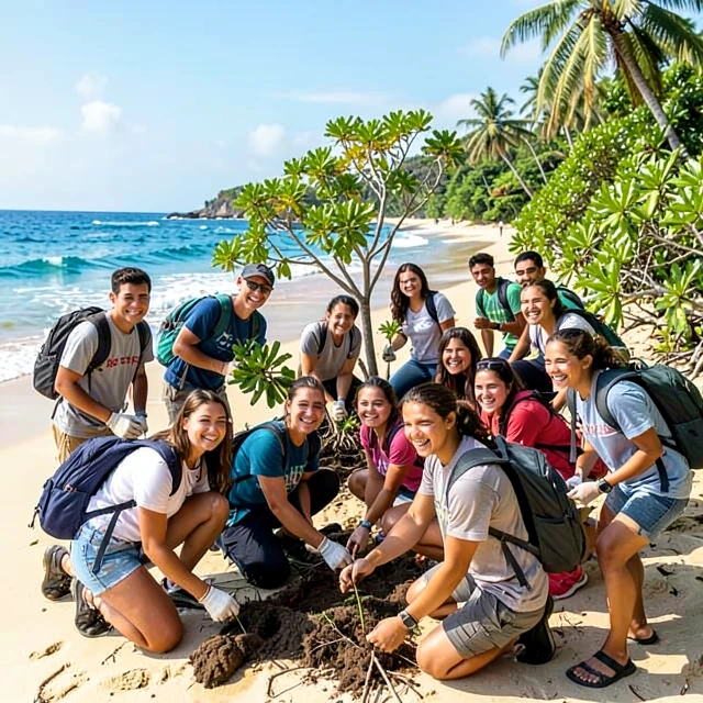 College students volunteering abroad planting trees with International Volunteer HQ