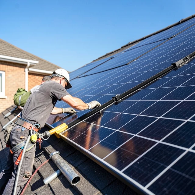 Workers installing solar panels on a residential roof