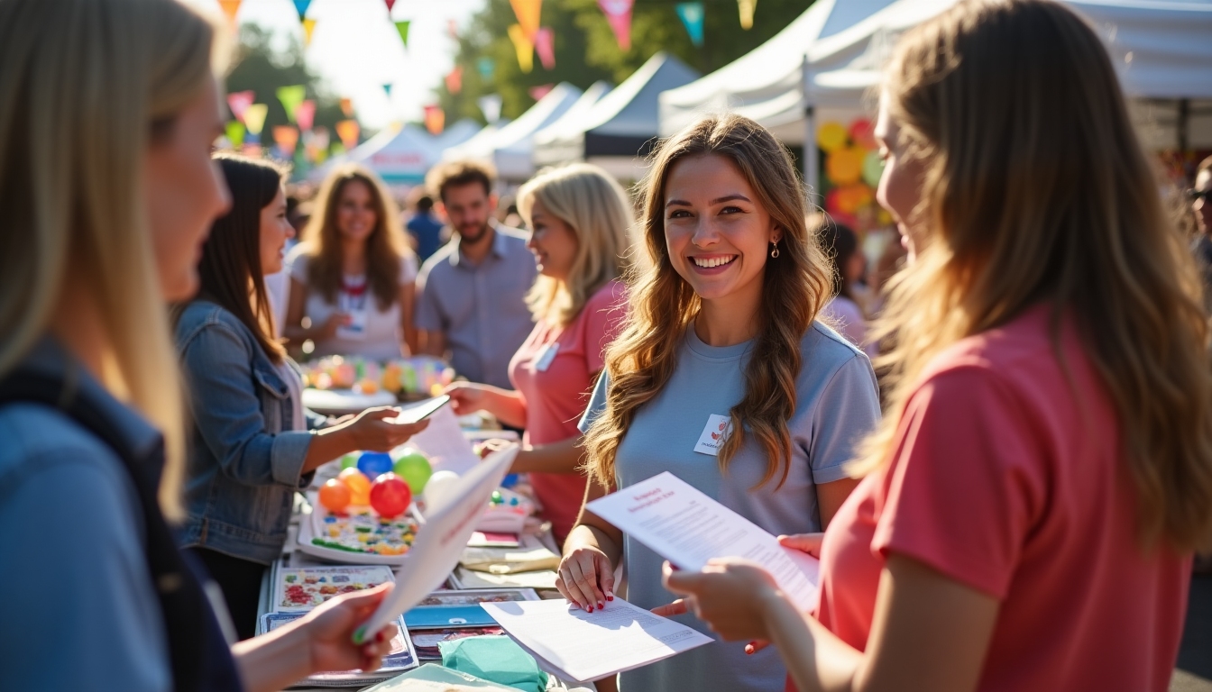 A group of volunteers at a local charity fair, handing out flyers and answering questions.
