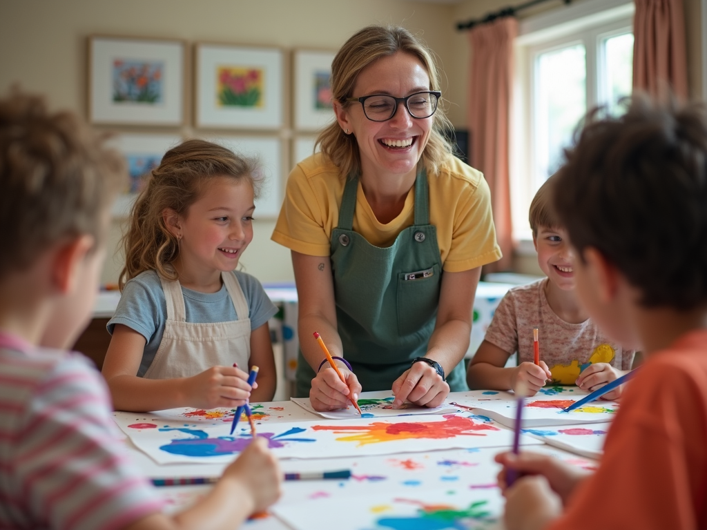 Volunteer teaching art to kids